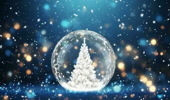 Noël arbre dans une neige globe sur une bleu bokeh et neige Contexte photo