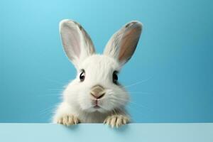 ai généré blanc lapin furtivement à quelque chose par une bleu Contexte photo