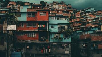 ai généré génératif ai, brésilien favelas communauté, panoramique vue avec beaucoup Maisons, Urbain ville pauvres maison bâtiments photo