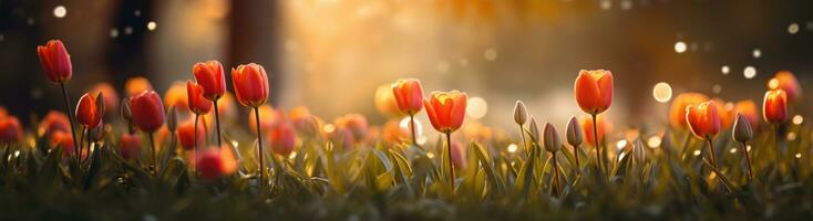 ai généré rouge et Orange tulipes Floraison dans une petit bosquet avec autre des arbres, photo