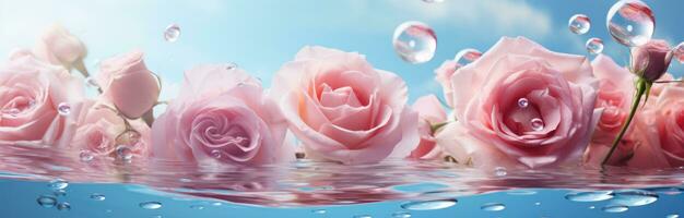 ai généré rose des roses sur une bleu Contexte avec bulles photo