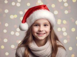 ai généré portrait de une mignonne peu fille dans Père Noël claus chapeau sur Noël Contexte photo