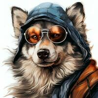 ai généré rauque chien dans une chapeau et des lunettes de soleil photo