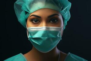 ai généré femelle chirurgien avec chirurgical masque photo
