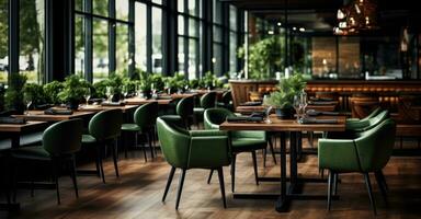 ai généré vide en bois les tables dans un ouvert café photo