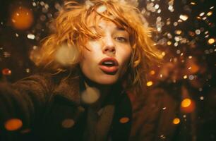 ai généré portrait de une magnifique fille avec rouge cheveux dans une manteau sur une Contexte de Noël lumières. photo