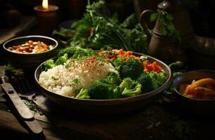 ai généré cette est une bol, salade, riz, et des légumes prêt à être manger photo