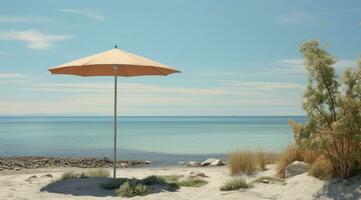 ai généré un parapluie accroché sur le le sable par le plage photo