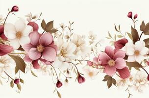 ai généré un élégant floral Cadre avec rose fleurs et feuillage sur blanc Contexte photo