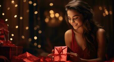 ai généré une Jeune femme est ouverture une cadeau boîte à nuit, photo