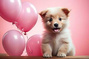 ai généré adorable chiot en portant cœur en forme de rose ballon photo