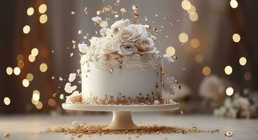 ai généré une blanc gâteau entouré par confettis et arrose photo