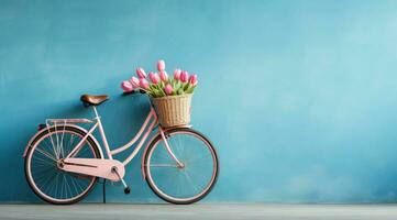 ai généré une rose vélo avec panier de tulipes dans de face de bleu mur photo