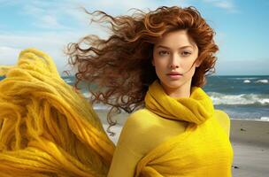 ai généré une jolie Jeune femme avec une Jaune serviette sur le plage, joyeuxcore, noyau météorologique photo