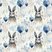 ai généré lapin cœur bleu aquarelle enfants en tissu avec animaux sans couture modèle Contexte photo