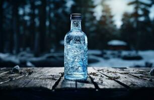 ai généré bouteille de la glace avec pluie séance sur une table photo