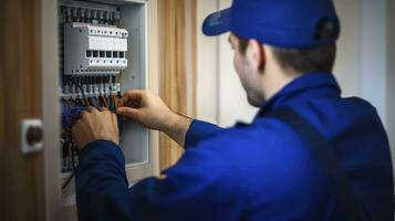 ai généré le détaillé processus de une Jeune électricien démontage une maisons électrique panneau. photo