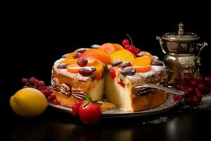 ai généré une fruit gâteau avec une variété de des fruits sur Haut photo