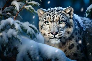 ai généré image de neige léopard fonctionnement dans le montagnes bois photo