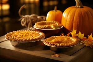 ai généré citrouille tarte avec l'automne citrouilles et blé sur en bois planche photo