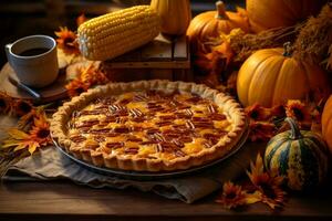 ai généré citrouille tarte avec l'automne citrouilles et blé sur en bois planche photo