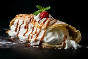 ai généré crêpe avec crème dans assiette photo