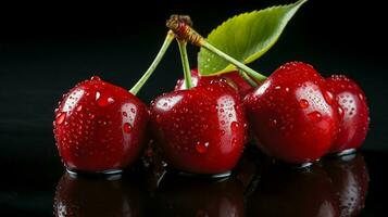 ai généré Frais mûr Cerise sur noir arrière-plan, juteux et savoureux fruit, en bonne santé nourriture photo