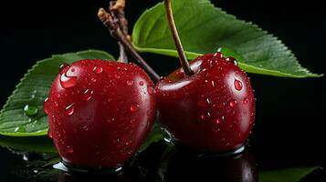 ai généré Frais mûr Cerise sur noir arrière-plan, juteux et savoureux fruit, en bonne santé nourriture photo