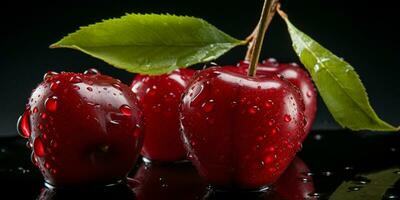 ai généré Frais mûr Cerise sur noir arrière-plan, juteux et savoureux fruit, en bonne santé nourriture photo