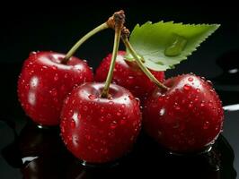 ai généré Frais mûr Cerise sur noir arrière-plan, juteux et savoureux fruit, en bonne santé nourriture photo