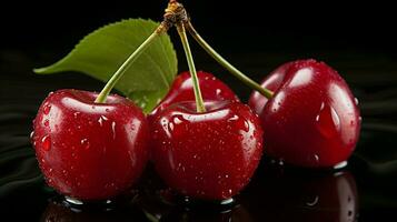 ai généré Frais mûr Cerise sur noir arrière-plan, juteux et savoureux fruit, en bonne santé nourriture photo