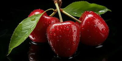 ai généré Frais mûr Cerise sur noir arrière-plan, juteux et savoureux fruit, en bonne santé nourriture photo