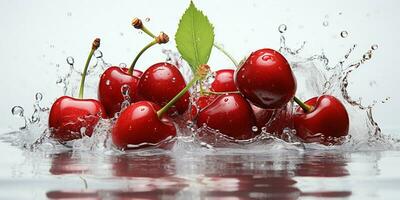 ai généré Frais mûr Cerise avec éclaboussure effet, juteux et savoureux fruit, en bonne santé nourriture photo