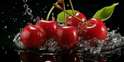 ai généré Frais mûr Cerise avec éclaboussure effet, juteux et savoureux fruit, en bonne santé nourriture photo