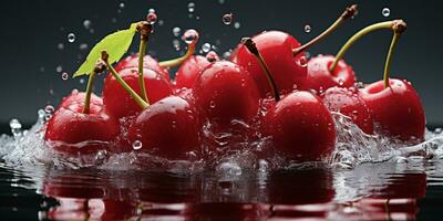 ai généré Frais mûr Cerise avec éclaboussure effet, juteux et savoureux fruit, en bonne santé nourriture photo