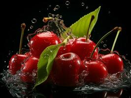 ai généré Frais mûr Cerise avec éclaboussure effet, juteux et savoureux fruit, en bonne santé nourriture photo