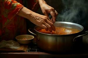 ai généré femme avec tablier cuisson, encadrement proche en haut coup de casserole photo