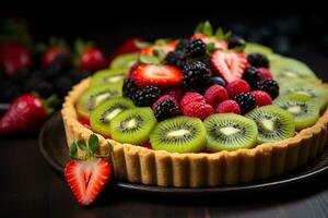 ai généré une fruit Tarte avec Frais baies et kiwi photo