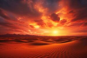ai généré magnifique le coucher du soleil plus de le le sable dunes dans le arabe vide trimestre désert photo