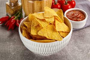 mexicain blé Nachos frites avec salsa photo