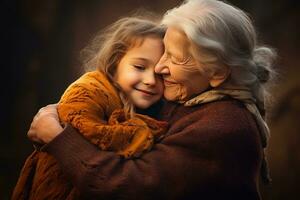 ai généré content vieux grand-mère étreindre peu petit enfant photo