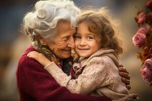 ai généré content vieux grand-mère étreindre peu petit enfant photo