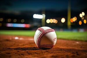 ai généré sport stade avec base-ball Balle à nuit toile de fond pour Contexte publicité photo