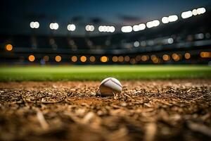 ai généré sport stade avec base-ball Balle à nuit toile de fond pour Contexte publicité photo