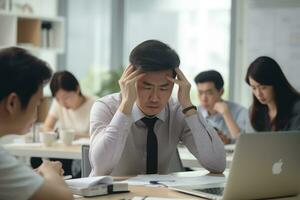 ai généré stressé homme avec mal de crâne travail de bonne heure dans le Matin dans le sien Bureau photo