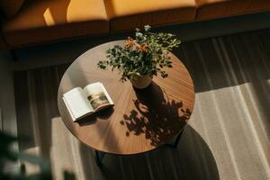 ai généré une café table dans une vivant chambre, vue de au-dessus de. génératif ai photo