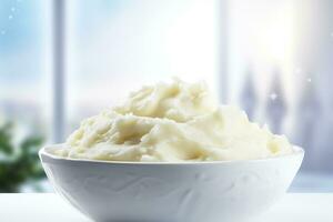 ai généré crémeux en purée patates dans blanc bol dans blanc cuisine. en bonne santé aliments. génératif ai photo