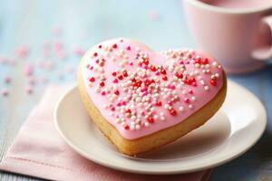 ai généré cœur en forme de biscuit avec rose glaçage et cœur arrose. la Saint-Valentin journée traiter. génératif ai photo