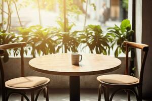 ai généré rond en bois table et chaises dans café. restaurant intérieur avec vide tableau. génératif ai photo