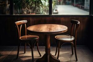 ai généré en bois café table près bleu en tissu chaise contre béton mur avec affiche Cadre. scandinave intérieur conception de moderne vivant chambre. génératif ai photo